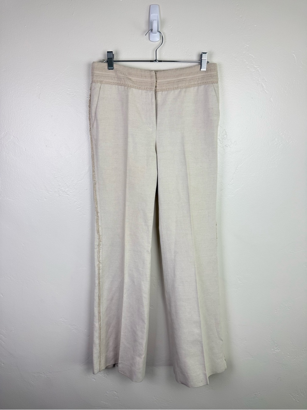 Genny Italy Linen Cotton Wide Leg Trousers Ivory US 4 Designer Pants